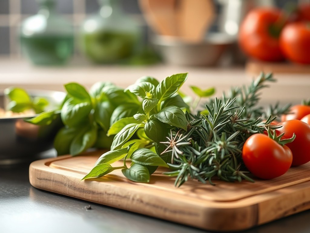 Fresh herbs like basil and rosemary on a cutting board with tomatoes.