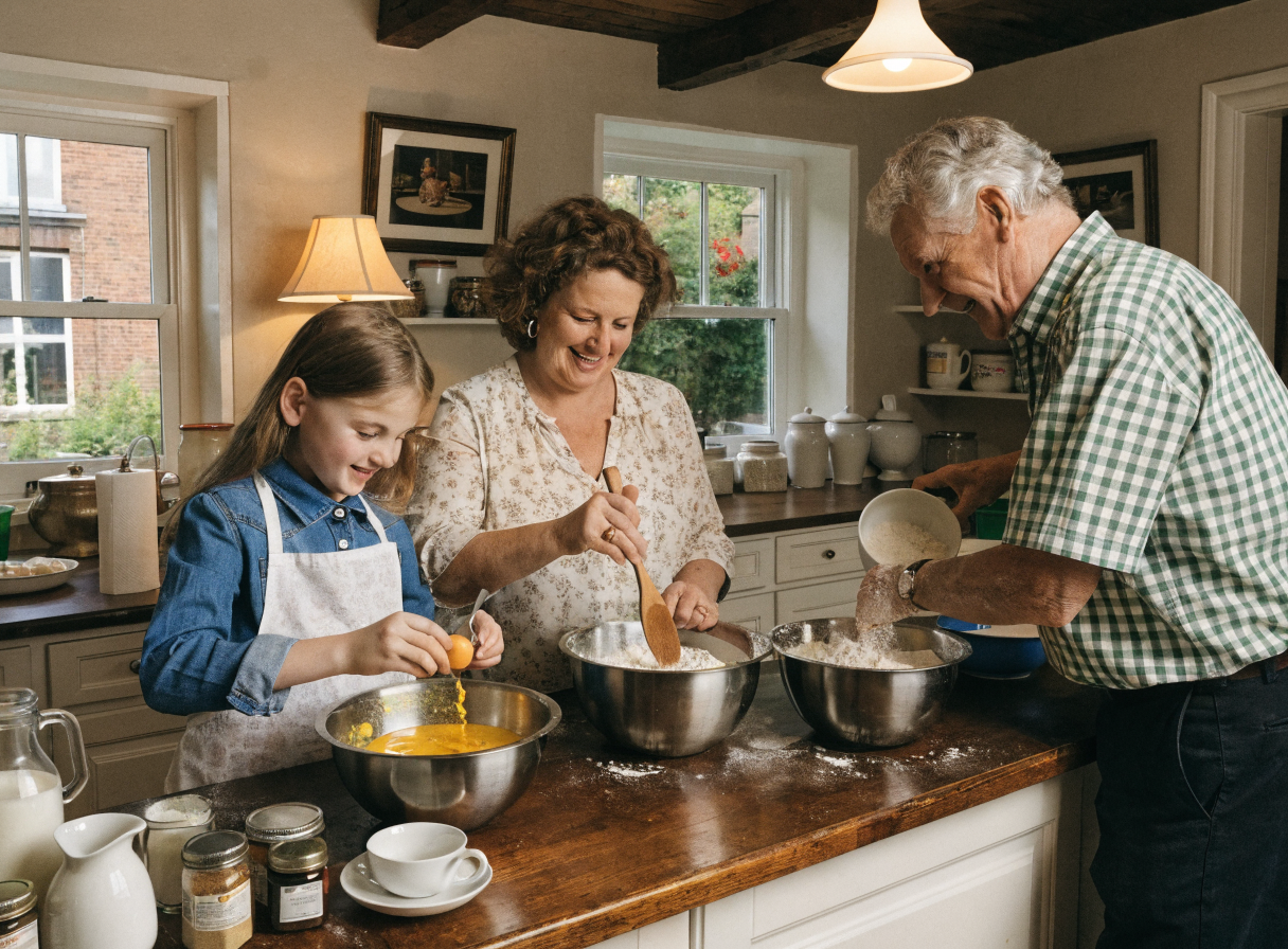 A family in a cozy kitchen preparing a meal together.