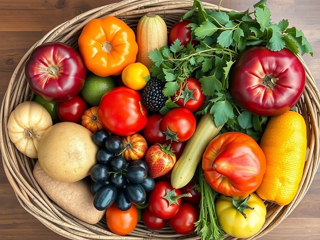A vibrant basket filled with a variety of fresh seasonal vegetables and herbs.