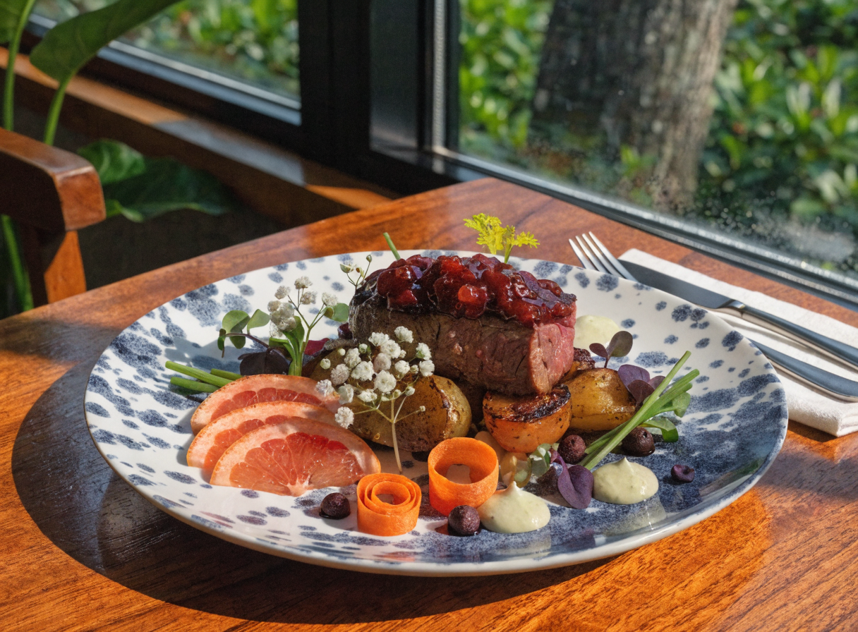 A beautifully plated dish featuring colorful vegetables arranged artfully on a white plate.